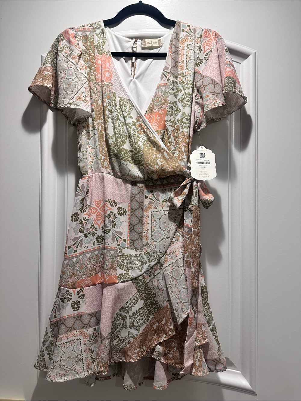 Altar'd State Blush, Olive & Cream Patchwork Wrap Mini Dress